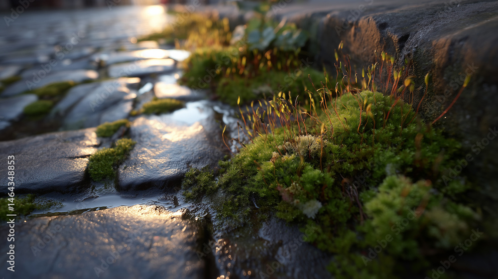 Obraz premium Vibrant moss flourishes on weathered stones, showcasing resilience in an urban environment with a captivating focus.