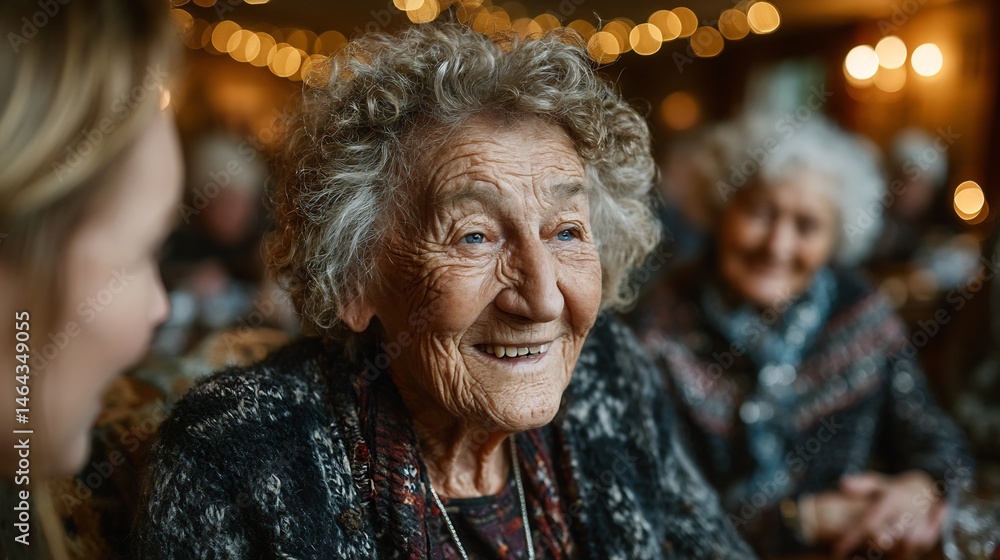 Elderly Woman Smiling with Happy Senior Citizen, and Cozy Gathering. Elderly Woman Smiling with Happy Senior Citizen, and Cozy Gathering.
