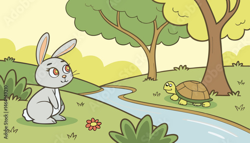 A rabbit with bright, inquisitive eyes and a twitching nose, and a tortoise with a wise, wrinkled face and a determined glint in its eye, stand near a calm, gently flowing riverbank, engaged in a frie
