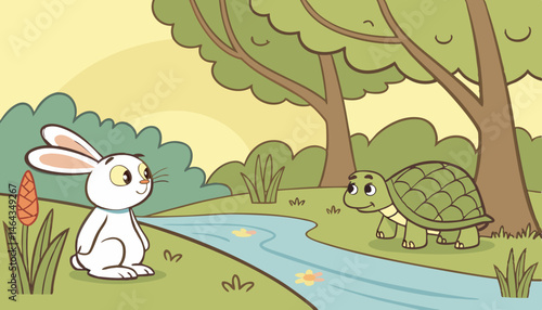 A rabbit with bright, inquisitive eyes and a twitching nose, and a tortoise with a wise, wrinkled face and a determined glint in its eye, stand near a calm, gently flowing riverbank, engaged in a frie