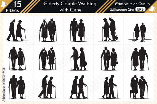 15 File Black Color Elderly Couple Walking with Cane Silhouette Vector Set