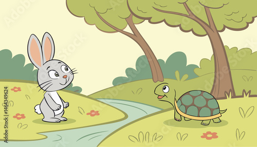 A rabbit with bright, inquisitive eyes and a twitching nose, and a tortoise with a wise, wrinkled face and a determined glint in its eye, stand near a calm, gently flowing riverbank, engaged in a frie