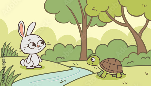 A rabbit with bright, inquisitive eyes and a twitching nose, and a tortoise with a wise, wrinkled face and a determined glint in its eye, stand near a calm, gently flowing riverbank, engaged in a frie