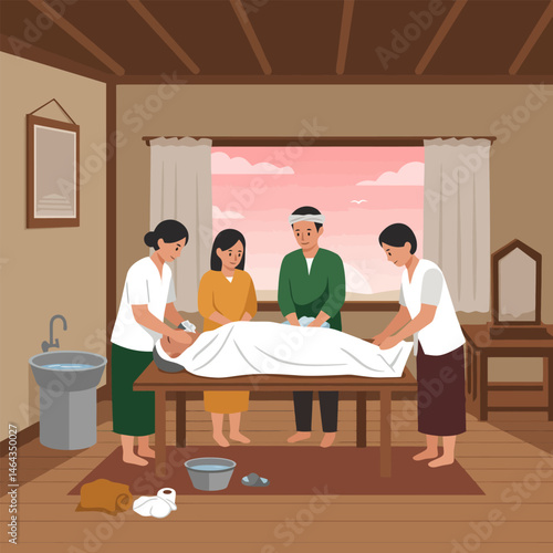 Preparing Body with Family for Traditional Burial Ceremony Illustration