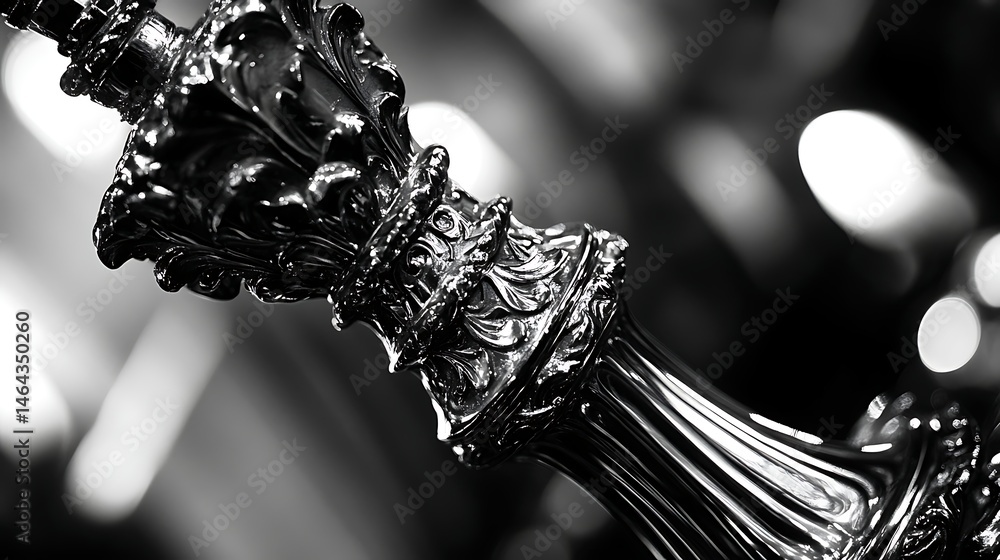 Fototapeta premium Ornate, detailed close-up of a decorative silver candlestick base.
