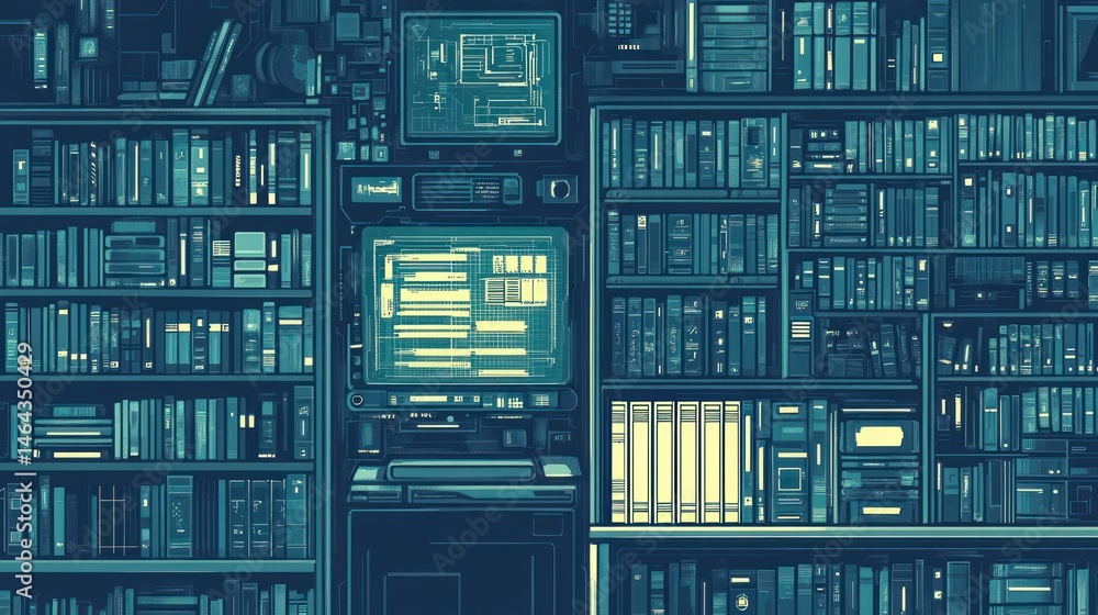 Fototapeta premium Futuristic library, digital screen, bookshelves, research, data