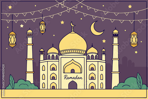 63 Islamic architecture, Taj Mahal-inspired mosque, golden domes, minarets, night sky, crescent moon, stars, hanging lanterns, string lights, ornate calligraphy, Ramadan greeting, glowing city skyline