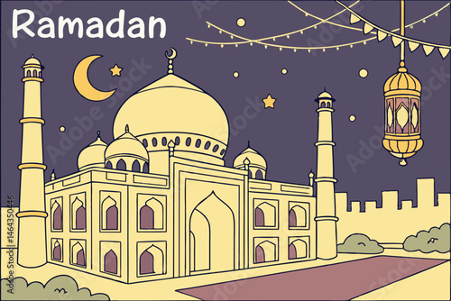 63 Islamic architecture, Taj Mahal-inspired mosque, golden domes, minarets, night sky, crescent moon, stars, hanging lanterns, string lights, ornate calligraphy, Ramadan greeting, glowing city skyline