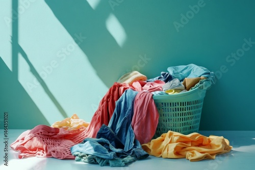 Colorful Laundry Basket with Clothes on Light Teal Wall