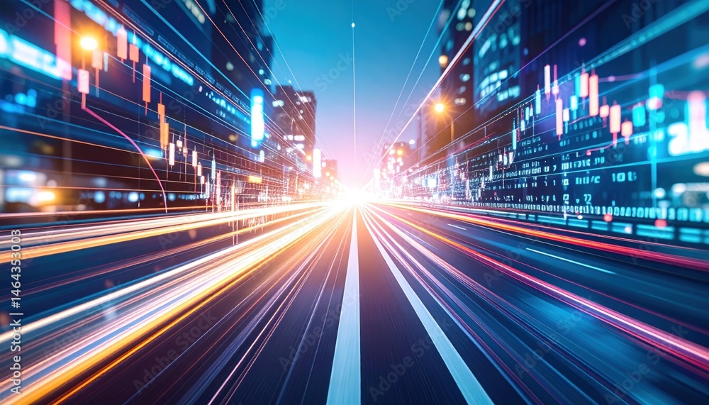 City Street with Light Trails and Data Visualization City Street with Light Trails and Data Visualization