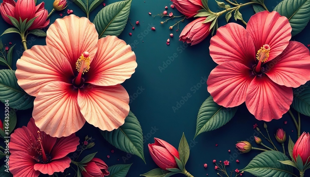 custom made wallpaper toronto digitalIntricate hibiscus details, elegant floral arrangement, repeating design, print, textile, leaves