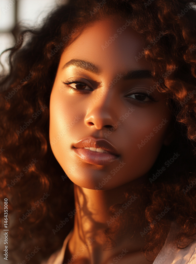 close-up portrait of a black model, glossy lips and soft jawline, glowing dewy skin, subtle natural makeup, long, curly hair, golden hour light reflecting off skin, smooth complexion, soft shadows