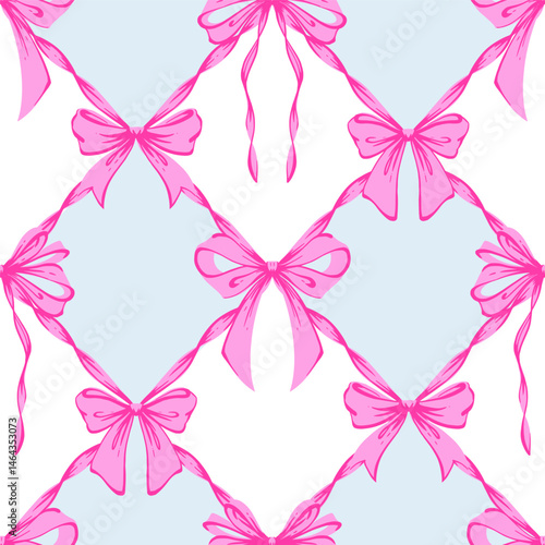 Pink Ribbon Bow Lattice Seamless Pattern. Coquette, Vintage and Romantic checkered pattern on blue with bows. Rococo background for feminine projects, vintage wrapping paper, textiles, Valentines Day