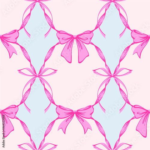 Pink Ribbon Bow Garland Seamless Pattern. Coquette, Vintage and feminine design with hand-drawn garland of pink bows on blue. Rococo aesthetics for romantic background. Fabric prints, gift wrap