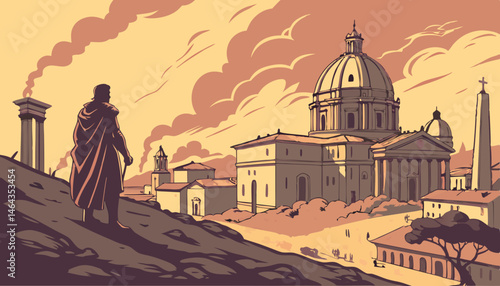 
A breathtaking 8K ultra-realistic scene of the Fall of Rome, with a cloaked figure standing on a hill overlooking the ancient city in flames. The sky glows with a dramatic orange and gold sunset, cas
