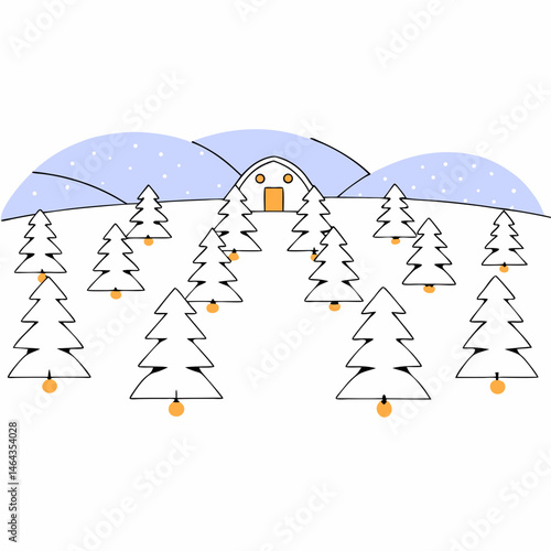 Winter landscape with Christmas trees and a cozy house, peaceful and festive atmosphere