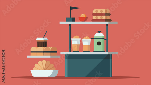 A minimalist stand with a sleek design serving up freshly made iced coffee and assorted pastries.. Vector illustration