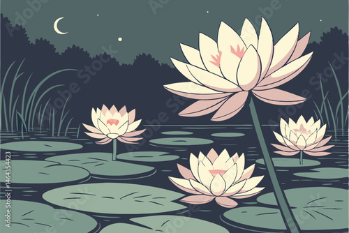 66 Luminous lotus flowers, serene pond at night, glowing water lilies, floating candles, reflective water surface, dark background, ethereal atmosphere, delicate petals, lily pads, soft illumination, 