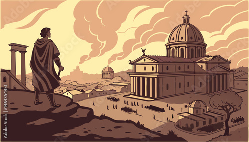 
A breathtaking 8K ultra-realistic scene of the Fall of Rome, with a cloaked figure standing on a hill overlooking the ancient city in flames. The sky glows with a dramatic orange and gold sunset, cas