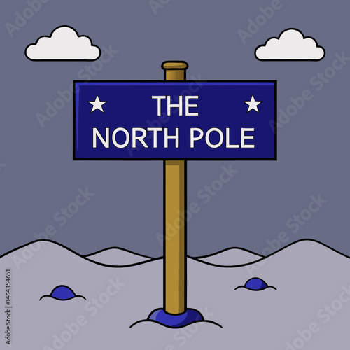 Signpost indicating the North Pole, winter landscape with clouds, festive and whimsical atmosphere