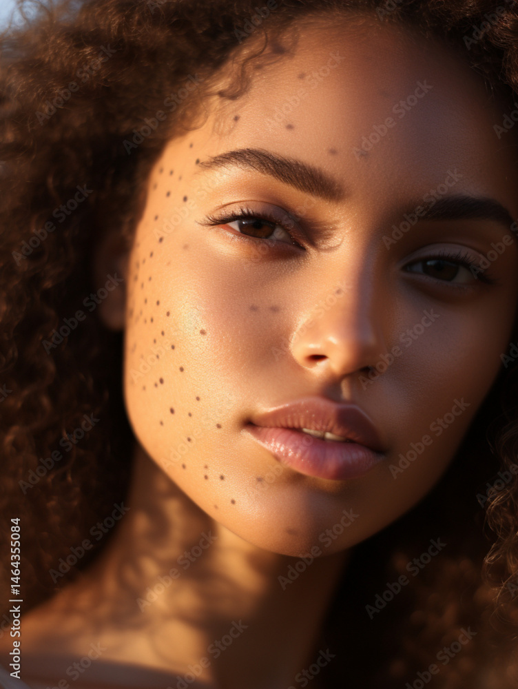 close-up portrait of a black model, glossy lips and soft jawline, glowing dewy skin, subtle natural makeup, long, curly hair, golden hour light reflecting off skin, smooth complexion, soft shadows