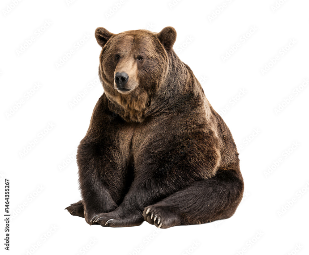 Fototapeta premium A majestic brown bear sitting on the floor, looking at the camera, isolated on a transparent background