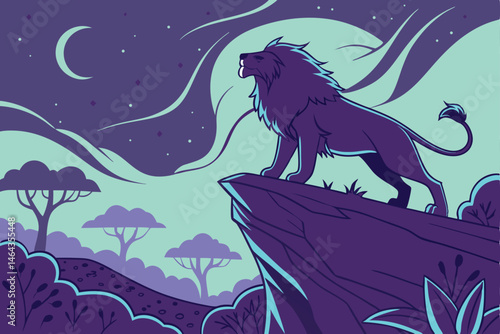 67 majestic lion, cosmic energy, glowing mane, electric aura, standing on cliff, night sky, neon colors, fantasy landscape, ethereal atmosphere, vibrant purple and blue hues, surreal art, digital pain