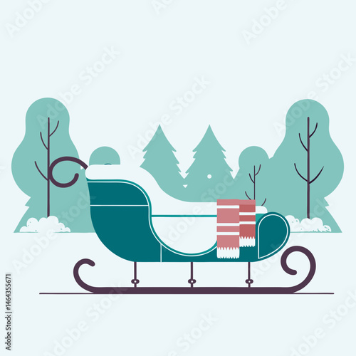 Festive sleigh decorated with a blanket, winter landscape featuring trees, cheerful and cozy atmosphere
