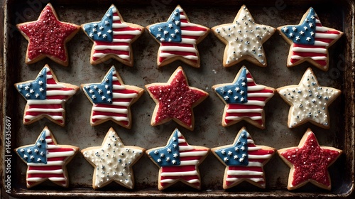 Delicious star-shaped cookies decorated with patriotic designs are on a baking sheet.