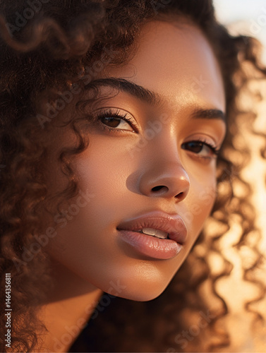 close-up portrait of a black model, glossy lips and soft jawline, glowing dewy skin, subtle natural makeup, long, curly hair, golden hour light reflecting off skin, smooth complexion, soft shadows