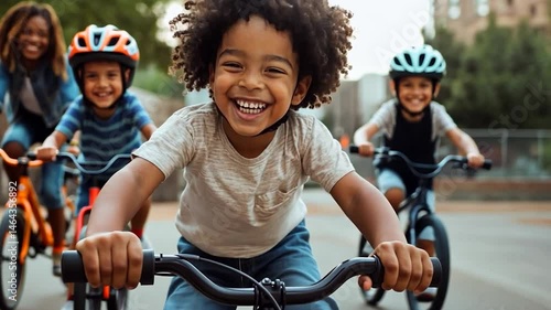 Joyful young boy with curly hair smiles while riding a bicycle, with two other children on bikes in the background.  Outdoor setting with blurred urban background