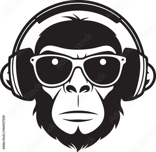 Monkey with headphones and sunglasses silhouette, black and white silhouette, vector and illustration