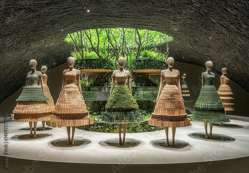Collection of mannequins wearing beige and green made from the leaves, vines, and branches of moss, exhibition space with a forest theme.