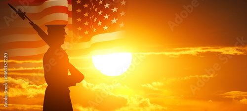 Canvas Print Silhouette guard of honor on the background of the American flag