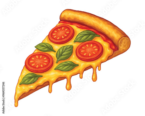 Vector illustration of a mozzarella pizza slice with melted cheese, golden crust, and tomato base. Isolated from light background. Perfect for menus, food packaging, branding, and web use and so on.