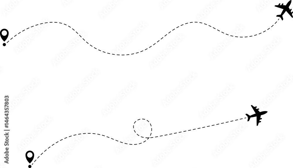 Airplane line path icon of air plane flight route with start point and dash line trace Airplane line path icon of air plane flight route with start point and dash line trace