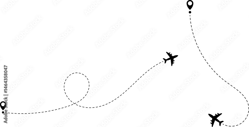 Airplane line path icon of air plane flight route with start point and dash line trace Airplane line path icon of air plane flight route with start point and dash line trace