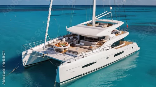  Luxury catamaran floats on turquoise water, catamaran deck gleams beneath tropical sun, upscale catamaran escape whispers freedom. Concept of premium charter lifestyle.