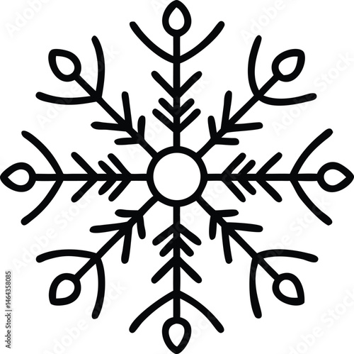 Minimalist black snowflake line art icon in vector style, perfect for winter-themed decorations, holiday cards, web design, and seasonal graphic projects in monochrome aesthetics.