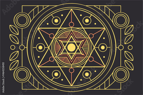 68 Sacred geometry, intricate mandala, star of David, circuit board design, glowing orbs, symmetrical patterns, dark background, golden accents, neon colors, mystical symbols, techno-spiritual fusion,