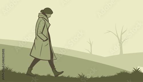A lone figure, draped in a worn, earth-toned coat, walks slowly through a veil of gentle morning fog, which softly envelops their legs and torso, obscuring their features, while the soft, warm light o