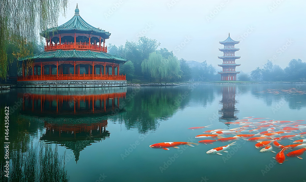 Obraz premium Serene chinese pagoda reflections