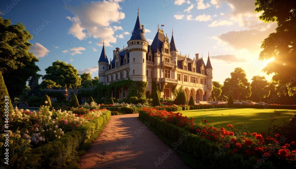 Fototapeta premium Castle with Garden and Sunset