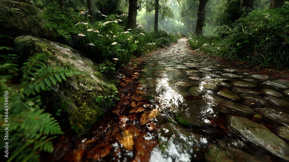 Obraz premium Enchanting Forest Path Misty Stone Lane with Daisies.