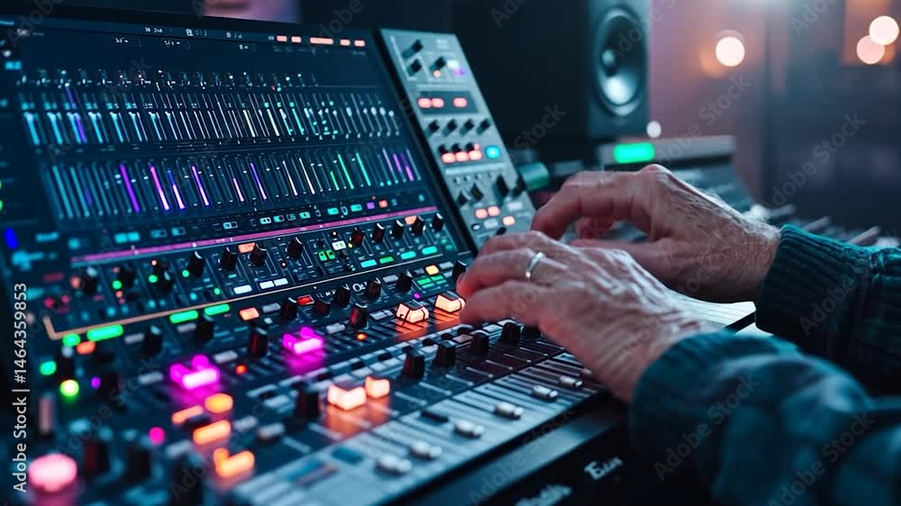 Close up of hands adjusting audio mixer in dark studio, colorful lights, technological equipment, music production, sound engineering Close up of hands adjusting audio mixer in dark studio, colorful lights, technological equipment, music production, sound engineering