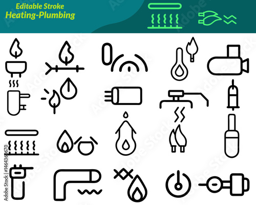 A Heating & Plumbing icon set with icons. featuring pipes, boilers, radiators, faucets, tools, water drops, and thermostats—ideal for service apps, repair guides, and construction projects.
