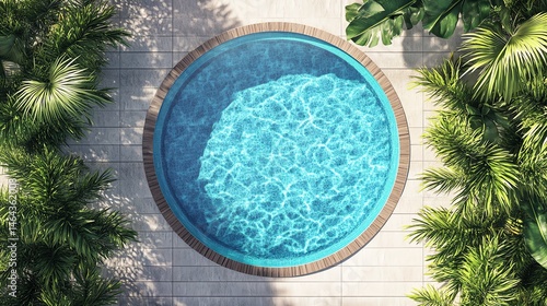 Aerial view of a circular swimming pool surrounded by lush greenery.