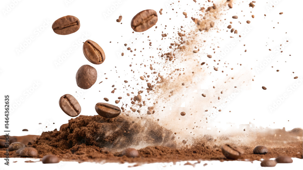 Explosion splash beans coffee powder pile of splatter of coffee embodying the energy and essence transparent background