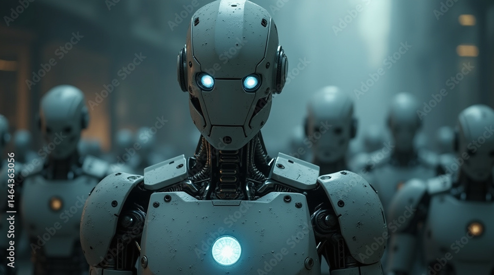 Fototapeta premium Apocalypse.exe — Loading on Robot Chest in a Dystopian Army Scene