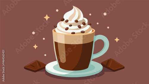 A decadent hot chocolate topped with whipped cream and served with a side of crunchy chocolate biscotti.. Vector illustration